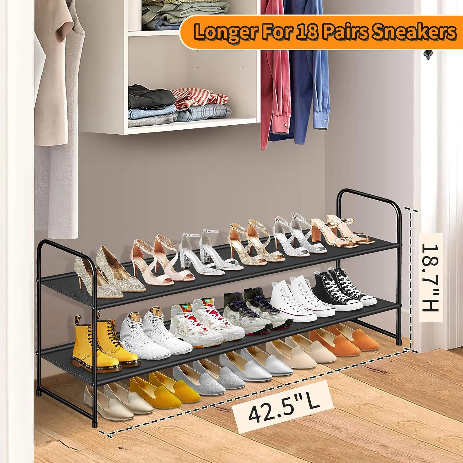 MISSLO Stackable Long Shoe Rack, 2-Tier Wide Shoe Rack Organizer Holds 18-Pairs Shoe Stand Shelf Storage for Closet, Bedroom, Floor, Entryway (Black)