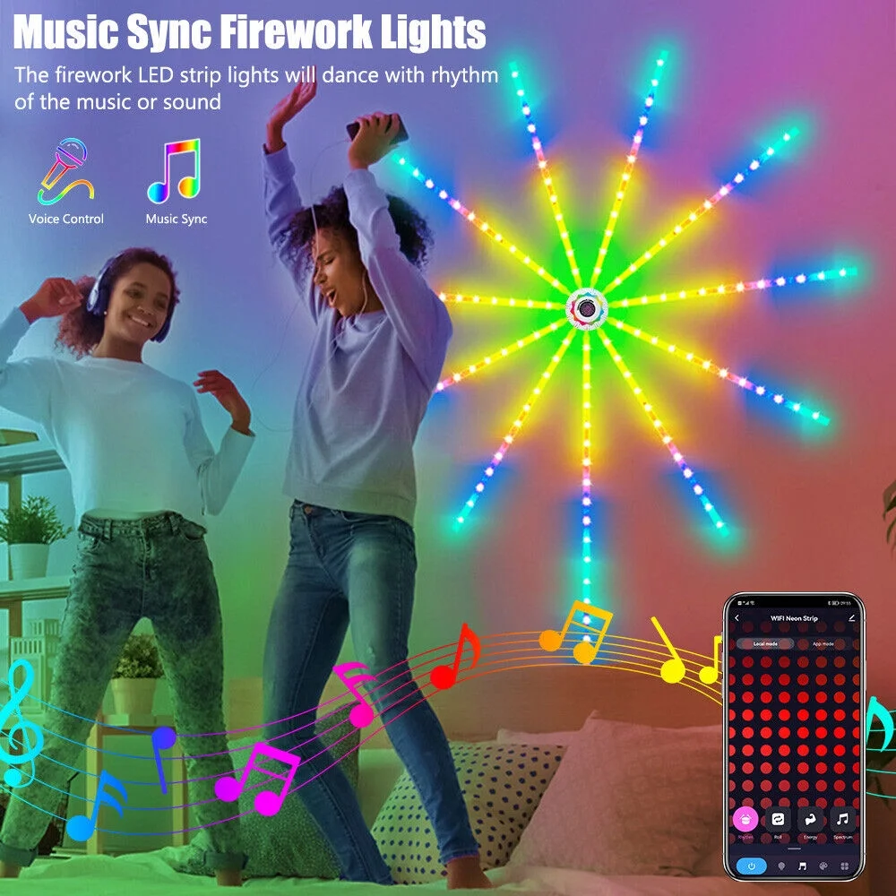 WiFi Smart LED Firework Strip Lights RGBIC Dream Colour Remote Music Speaker