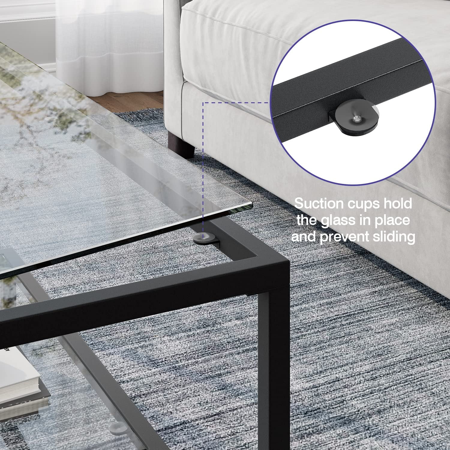 U-SHARE Coffee Table, Black Modern Tempered Glass Coffee Table, 45 Inch Rectangular Center Table with Glass-Top Lower Storage Shelf, Sturdy Metal Frame, for Living Room Home Office