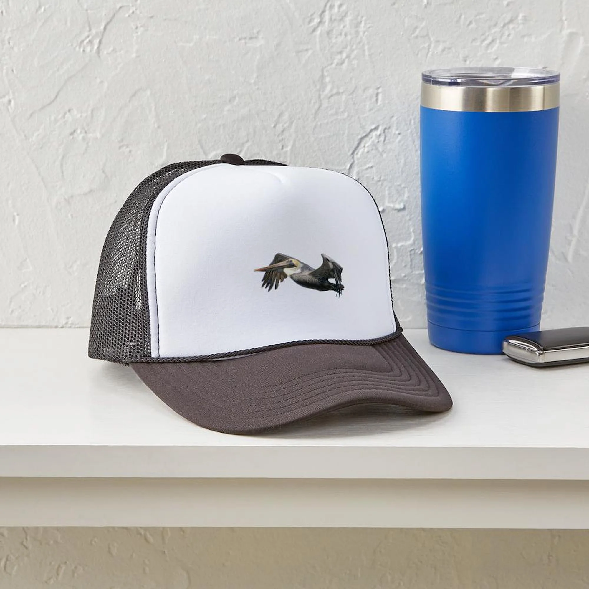 CafePress - Pelican Flying - Trucker Hat - Polyester Foam Front and Nylon Mesh Weave Back