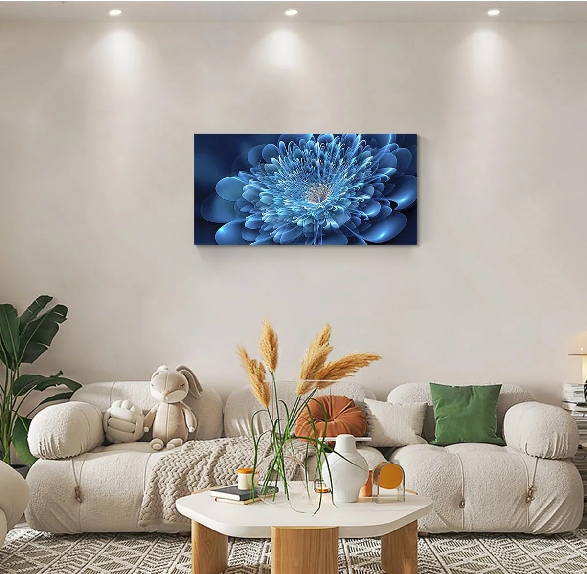 Large living room wall art/Blue canvas 3D textured flowers/For elegant and modern room decor/Framed wall art in bedroom office kitchen.
