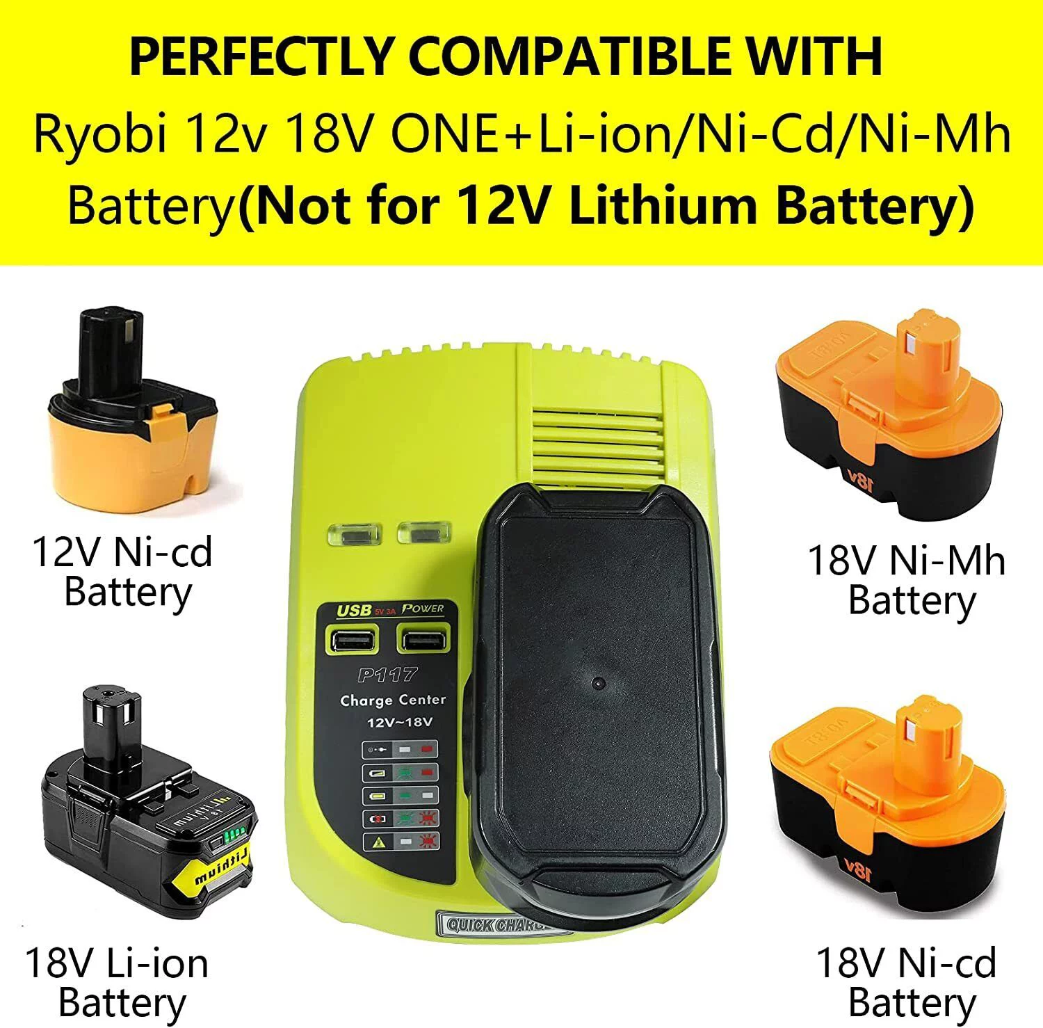 Vinida P117 Dual Chemistry Battery Charger Replacement for Ryobi 18V Battery Charger+ 2PACK FOR Ryobi 130429054 Battery 18V 4000mAh Li-ion Black P104