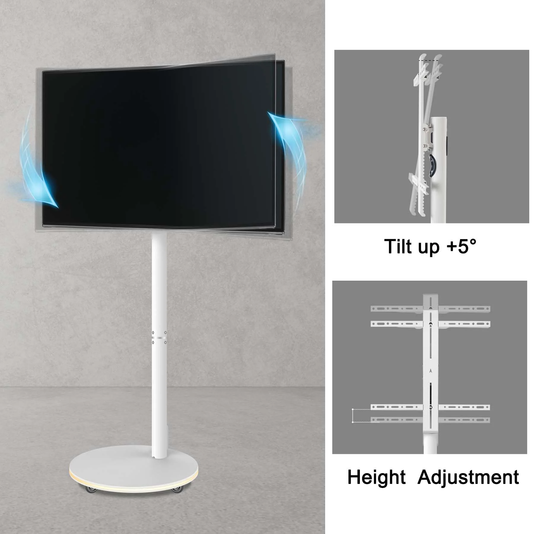 Nurforta Mobile Floor TV Stand for 18-45 inch, Universal Swivel TV Stand, Height Adjustable, Tiltable, Base Has LED Lights, Holds 44Lbs, Rolling Stand with Wheels