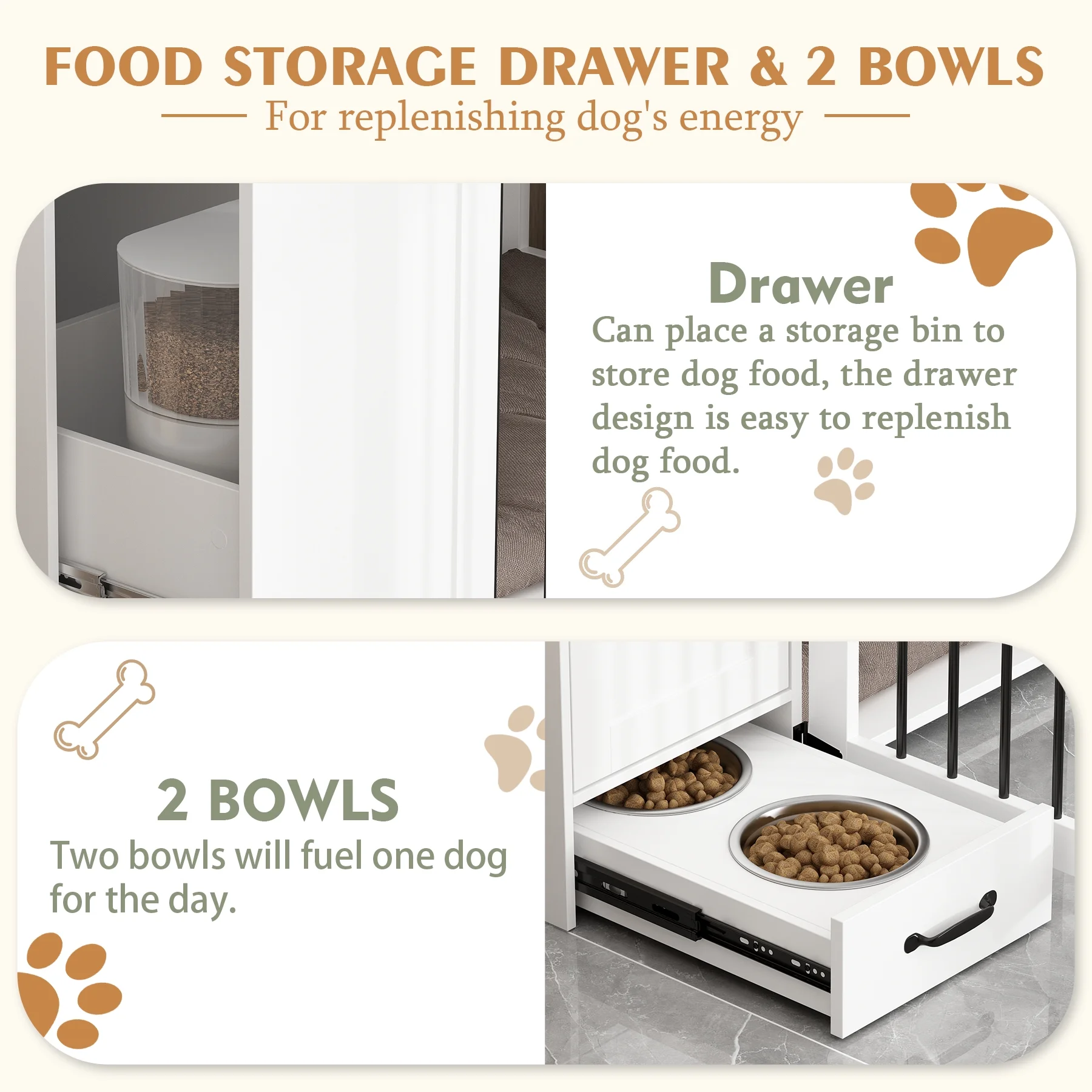 NARTRU Dog Crate Furniture with Storage, Wooden Dog Crate Cabinet with Dog Bowls, Dog Food Storage, Drawers and Shelves for Small, Medium or Large dog, White
