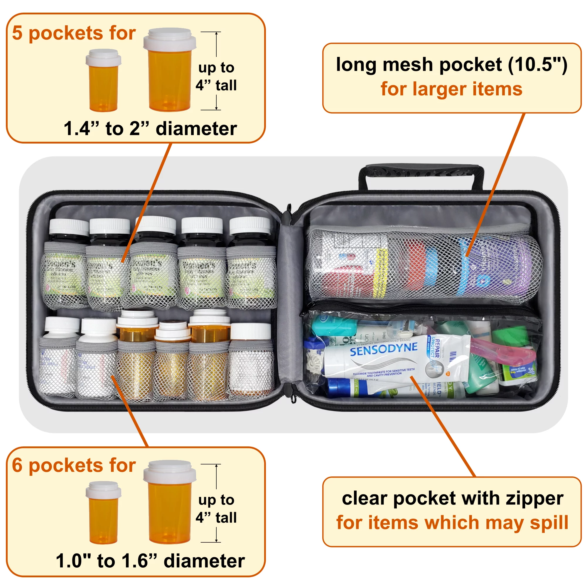 StarPlus2 Large Select Pill Bottle Organizer, Medicine Bag - Black