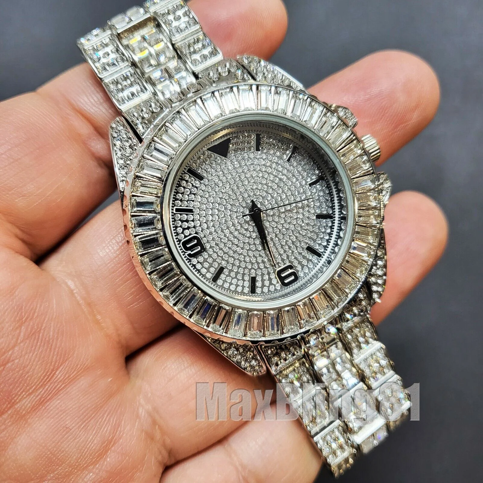 HIP HOP SILVER PT LUXURY METAL BLING WATCH & ICED BAGUETTE STONE BRACELET SET