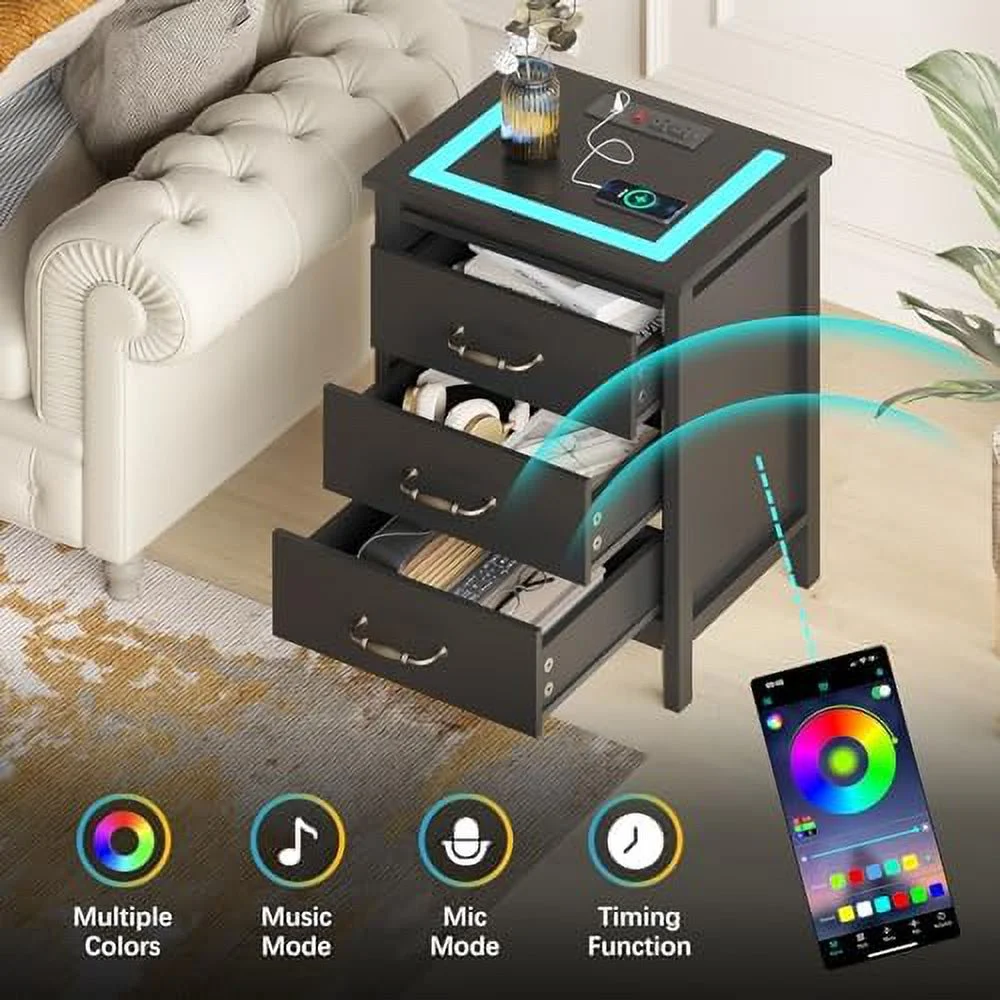 GEROBOOM Nightstand with Charging Station & LED Lights  Bedside Table Night Stand for Bedroom  LED Nightstand with Drawers  End Table with USB Ports & 2 AC Outlets  Black