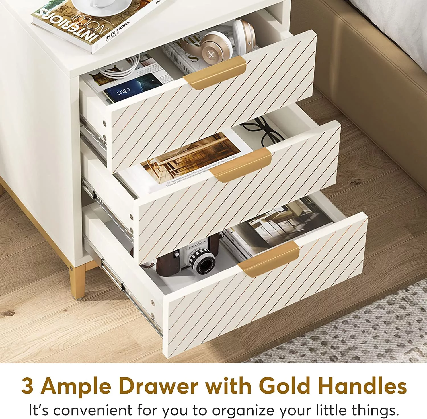 Tribesigns 3 Drawers Night Stands for Bedrooms, Light Wood Grain Nightstands, Bedside End Tables Storage for Living Room (1pc, White & Gold)