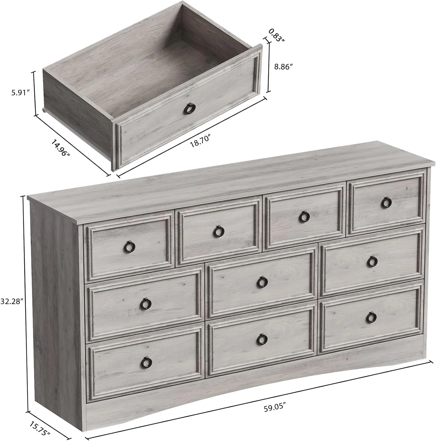 Modern 10 Drawer Dresser, Dressers for Bedroom, Chest of Drawers Closet Organizers and Storage Clothes - Easy Pulls Handle, Textured Borders Living Room, Hallway, Gray