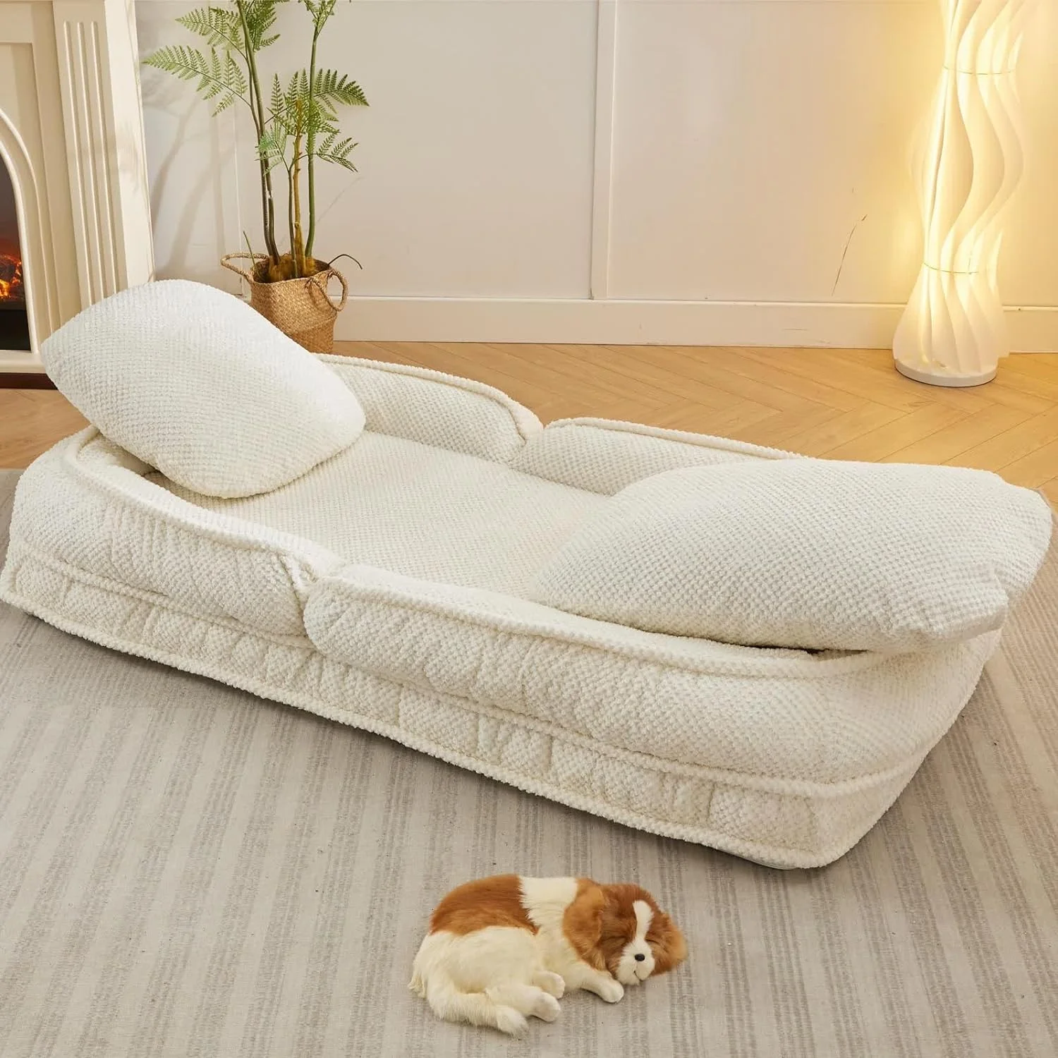 Floor Chair with Back Support, Folding Sofa Chair with 5 Adjustable Position, Plush Floor Gaming Chair, Meditation Chair for Lazy Boys, Human Dog Bed for Living Room, Bedroom, Lounge, Beige