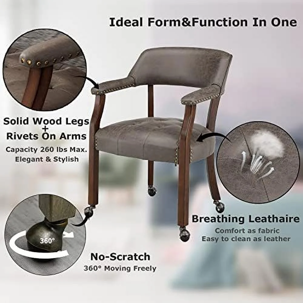 WTYNKAE Dining Chair with Casters  Kitchen Table Chair with Caster & Arms  Roller Poker Table Chairs with Wheels  Wood Captains Game Table Rolling Chairs(Cherry&Purplish Blue 1533