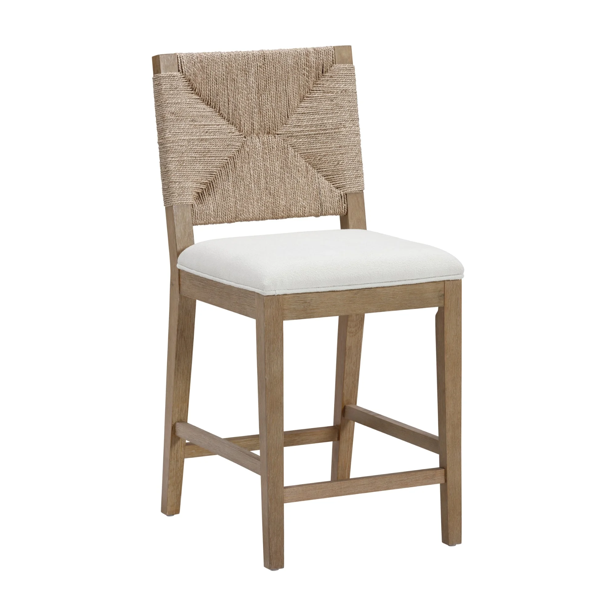 Nathan James Beacon Bohemian Boucle Bar Stool, Upholstered Counter Height Chair with Solid Wood Frame and Woven Seagrass Back for Kitchen Island