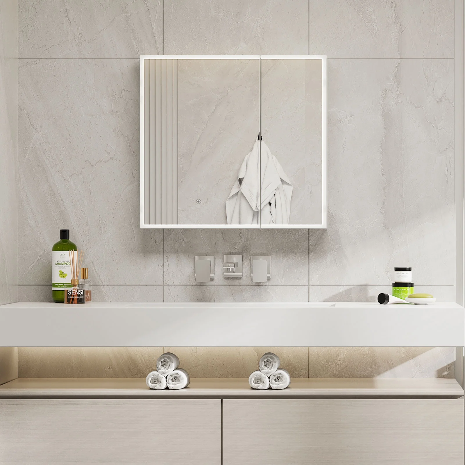 LED Medicine Cabinet with Mirror 2 Door, Lighted Medicine Cabinet with Cosmetic Shelves,Bathroom Mirror Cabinet with Storage Wall Mounted, 3 Light Colors, Recessed,28x30Inch