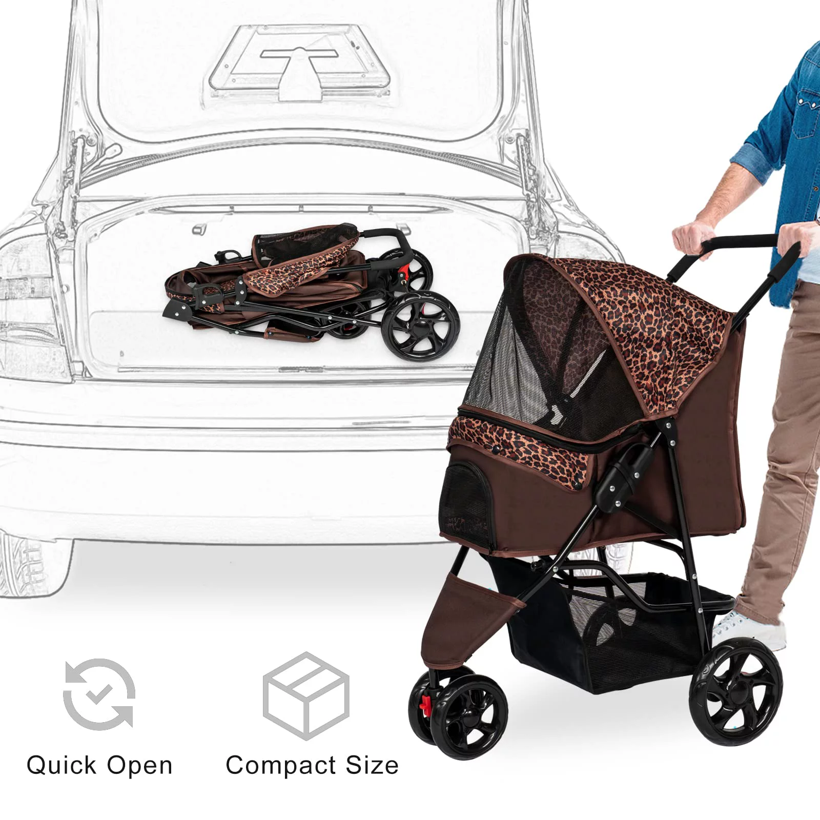 Kinbor Folding Dog Stroller - Pet Stroller w/3 Wheels, Storage Basket and Removable Liner, Leopard Brown