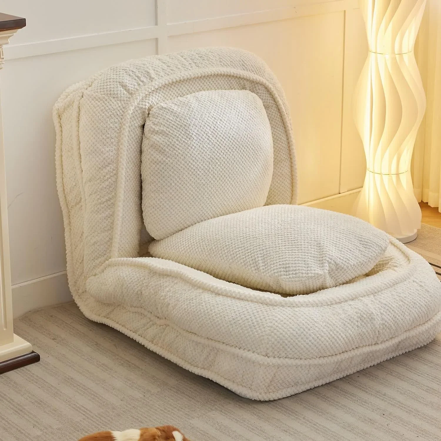 Floor Chair with Back Support, Folding Sofa Chair with 5 Adjustable Position, Plush Floor Gaming Chair, Meditation Chair for Lazy Boys, Human Dog Bed for Living Room, Bedroom, Lounge, Beige