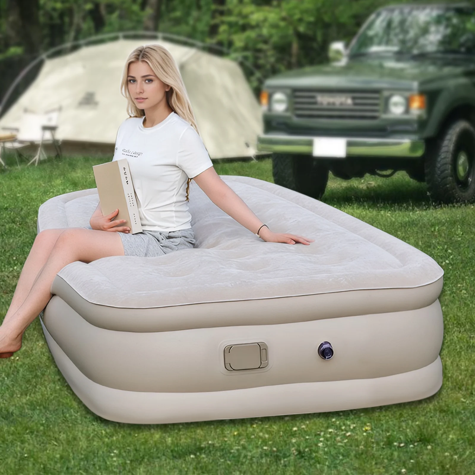 Inadays Twin Air Mattress with Built-In Pump Queen Blow Up Mattress 3 Mins Self Inflatable Air Bed Comfort Top Velvety Sleeping Surface for Guest Camping Home Portable Travel