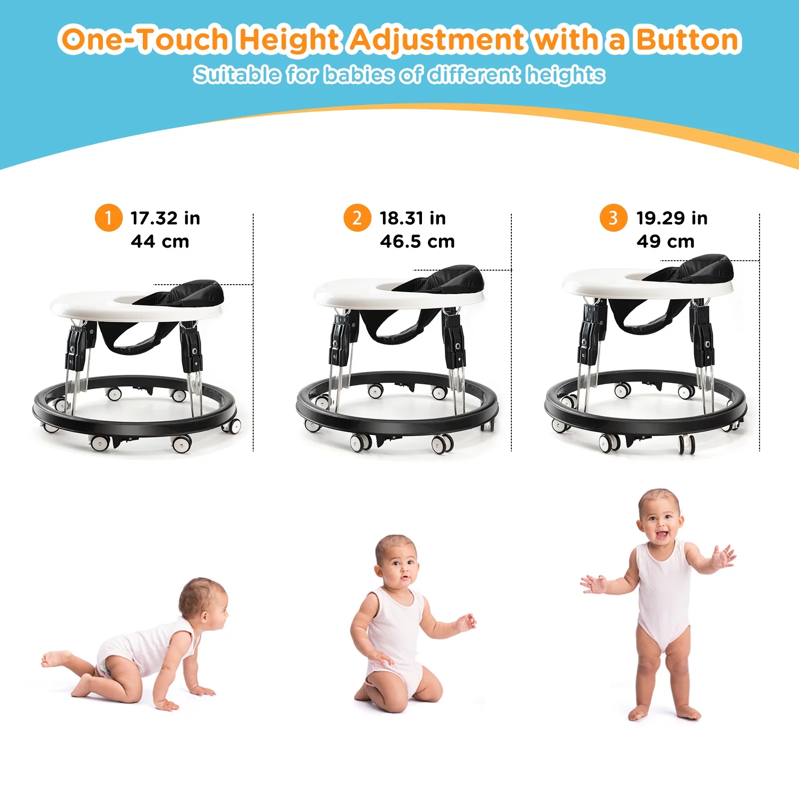 Uuoeebb Foldable Baby Walker Anti-Rollover 8-Wheel 5-Speed Height Adjustment for Infants 6-12 Months, Black