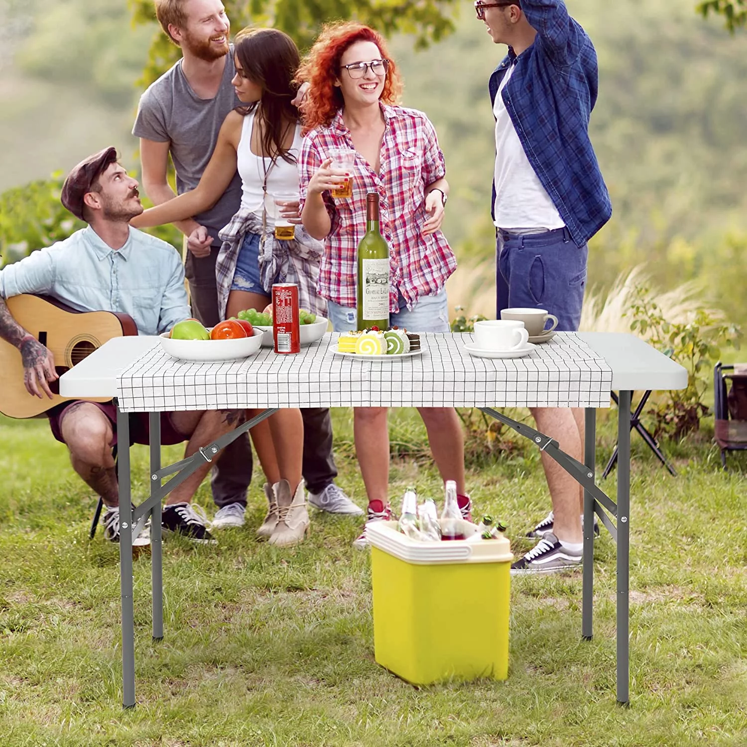 Portable 4 Foot Plastic Folding Table, Indoor Outdoor Heavy Duty Fold-in-Half Picnic Party Camping Barbecues Table with Carrying Handle, White