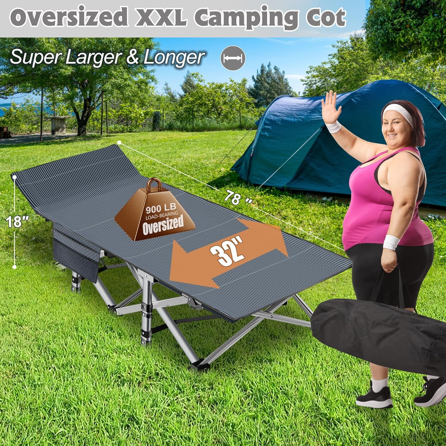 ABORON Folding Camping Cot W/Mat for Adults, Heavy Duty Outdoor Bed with Carry Bag,1200 D Layer Oxford Travel Camp Cots