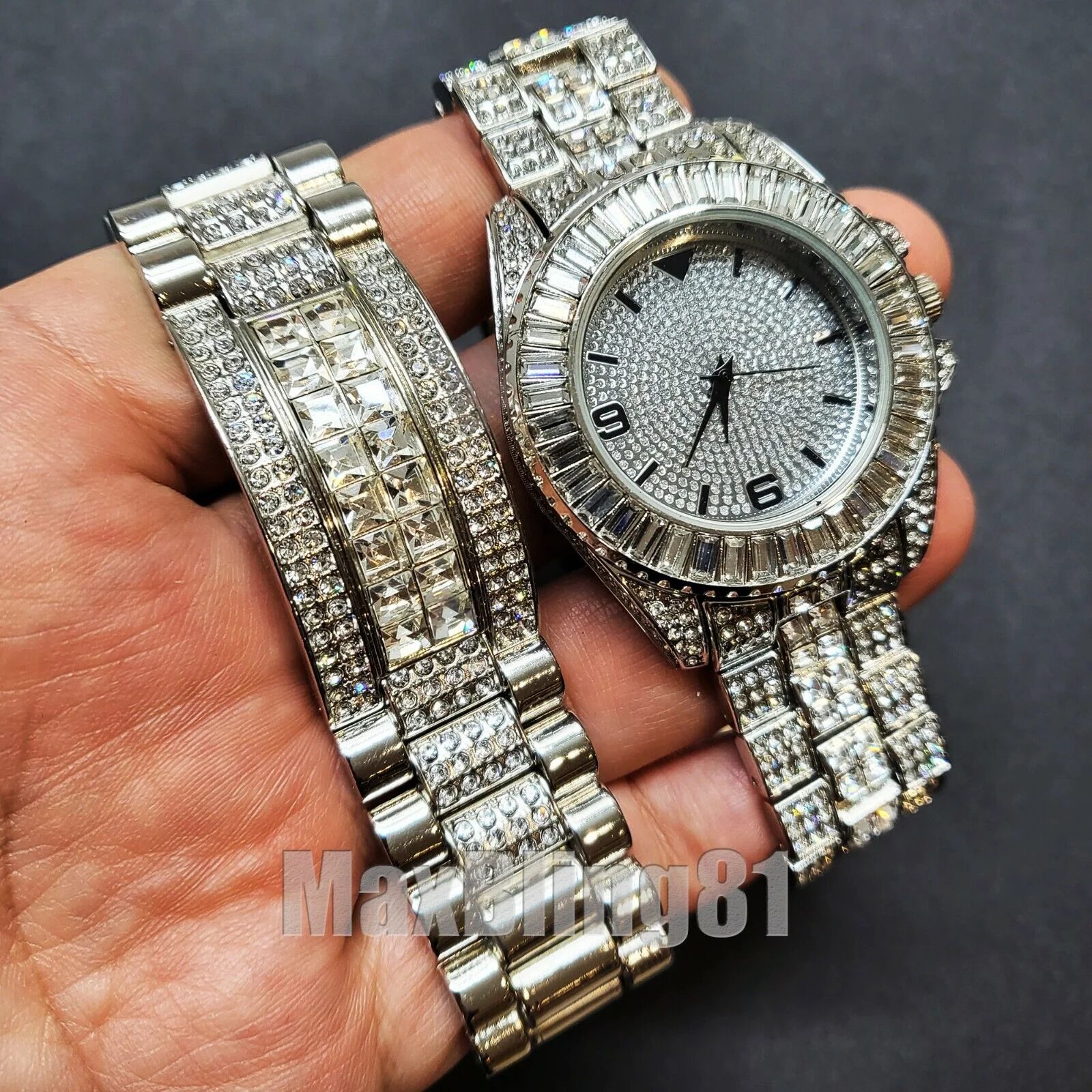 HIP HOP SILVER PT LUXURY METAL BLING WATCH & ICED BAGUETTE STONE BRACELET SET