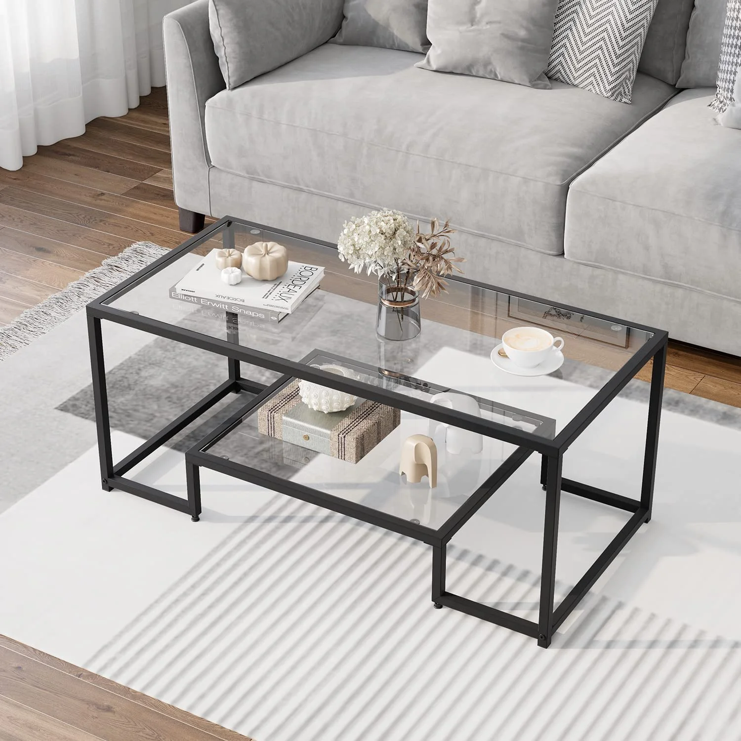 U-SHARE Coffee Table, Black Modern Tempered Glass Coffee Table, 45 Inch Rectangular Center Table with Glass-Top Lower Storage Shelf, Sturdy Metal Frame, for Living Room Home Office