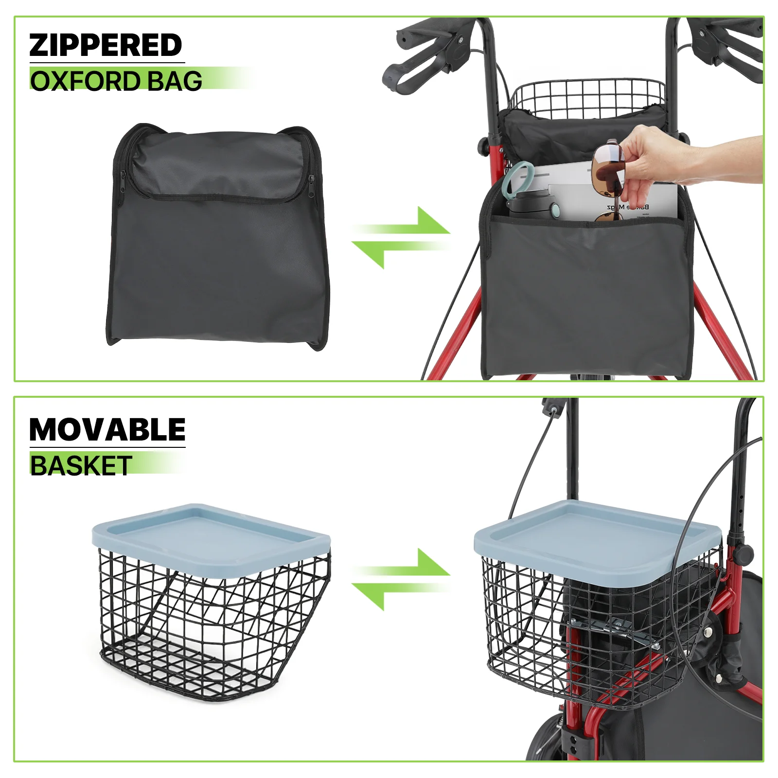 Magshion Folding Steel Rollator Walker, Rolling Walker with w/Oxford Bag & Detachable Basket for Adult, 3 Wheels 220lbs Weight Capacity, Burgundy Red Frame