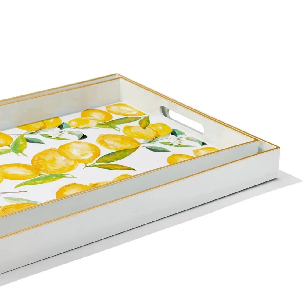 American Atelier, Lemon Branches Polypropylene Rectangular Serving Tray with Handles, Set of 2