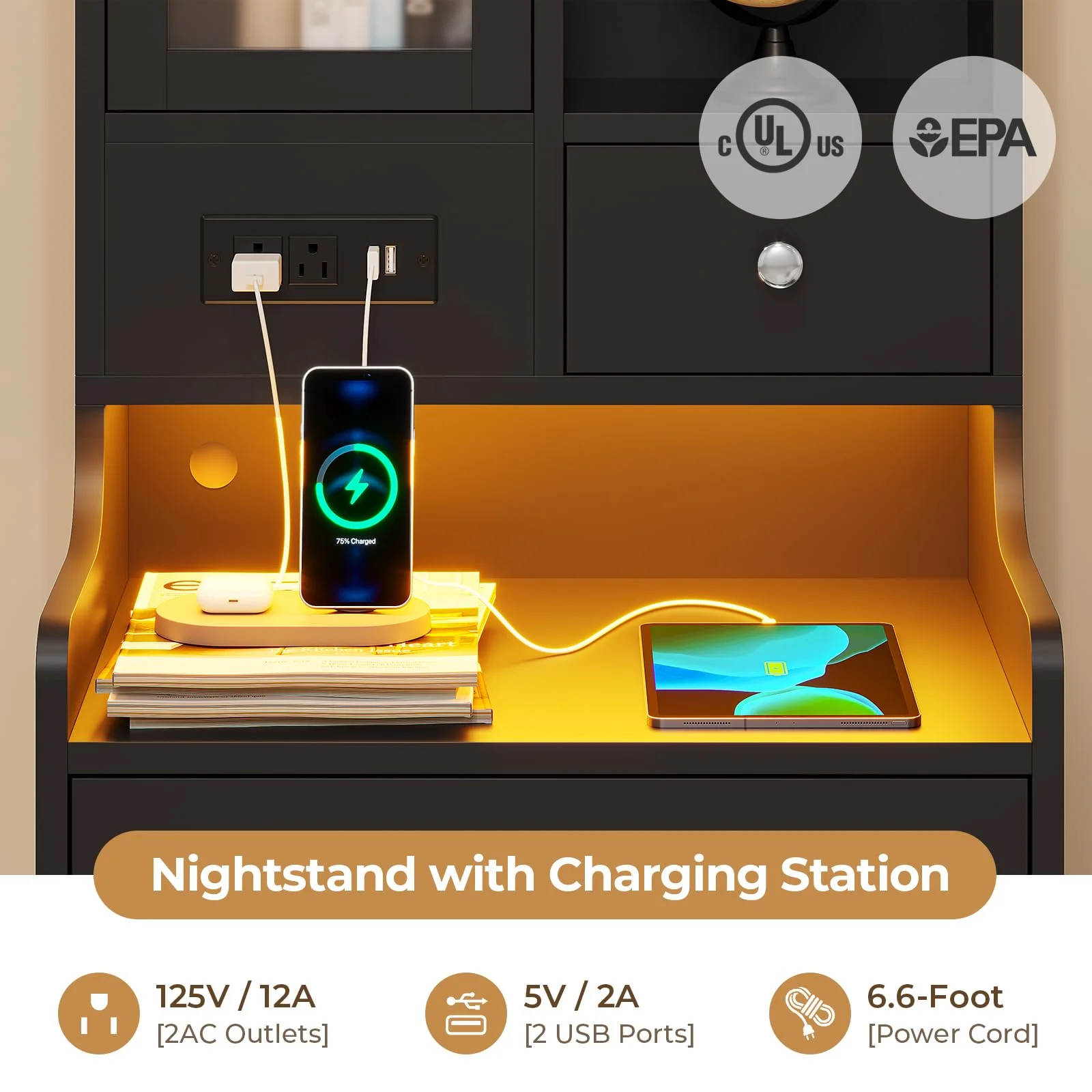 Tall Night Stand with Charging Station and LED Lights,49.2