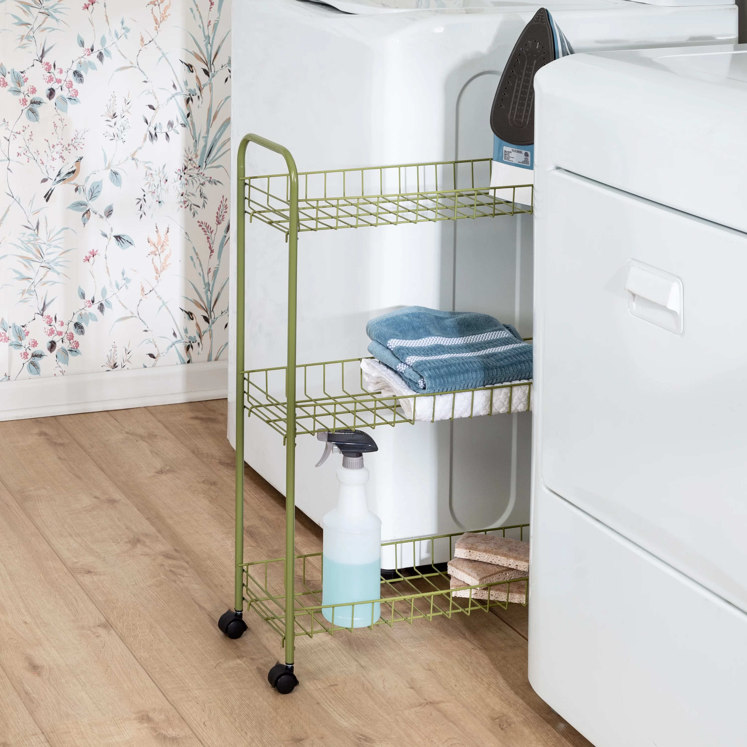 Honey-Can-Do 3-Tier Slim Metal Rolling Kitchen Storage Cart, Olive