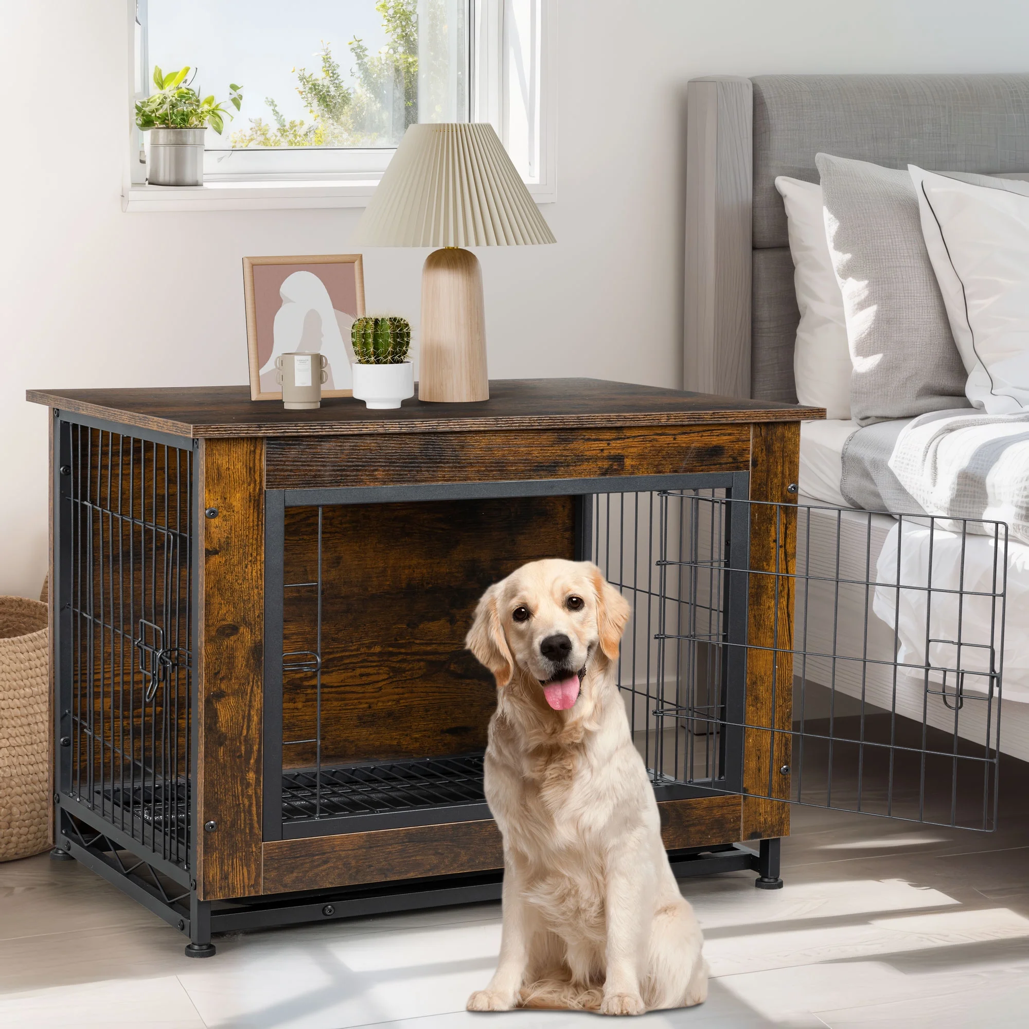 Walsunny Wooden Dog Crate Furniture,Double-Doors Kennel Indoor with Divider and Removable Tray,End Table Dog Crate for Decoration 44.1