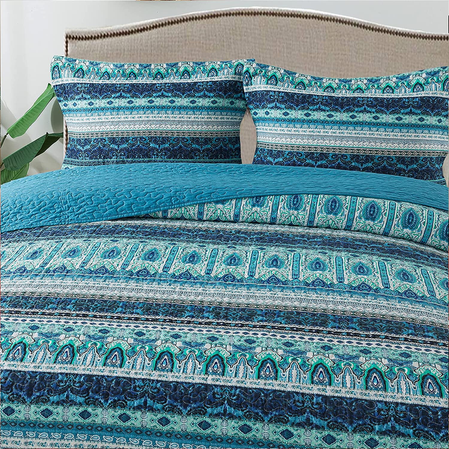 NEWLAKE Striped Jacquard Style Cotton 3-Piece Patchwork Bedspread Quilt Sets  King Size