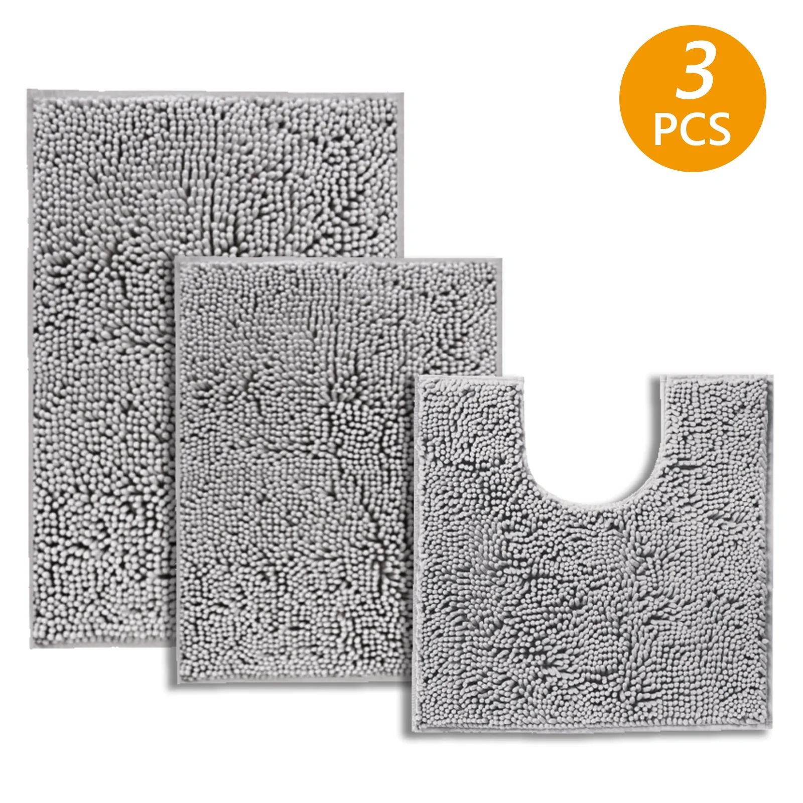 Tripumer 3 Pcs Chenille Bathroom Rug Sets Shaggy Bath Mat Set Carpet Extra Thick Soft Absorbent Bath Rugs Soft Non Slip Machine Wash Light Gray