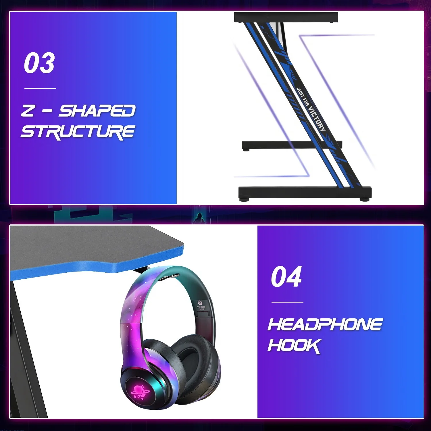 YRLLENSDAN 47 inch Gamaing Desk Z Shaped Gaming Workstation Ergonomic Gaming Table PC Computer Desk with Headphone Hook, Blue