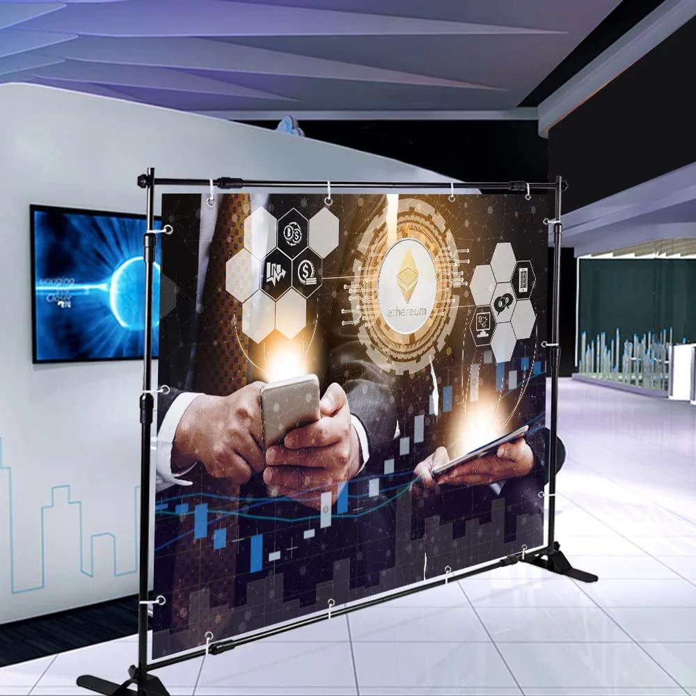 ShowMaven 8x8ft Backdrop Stand, Heavy Duty Banner Stand Adjustable Trade Show Display Stand Step and Repeat Stand for Parties and Photography (8 x 8ft)