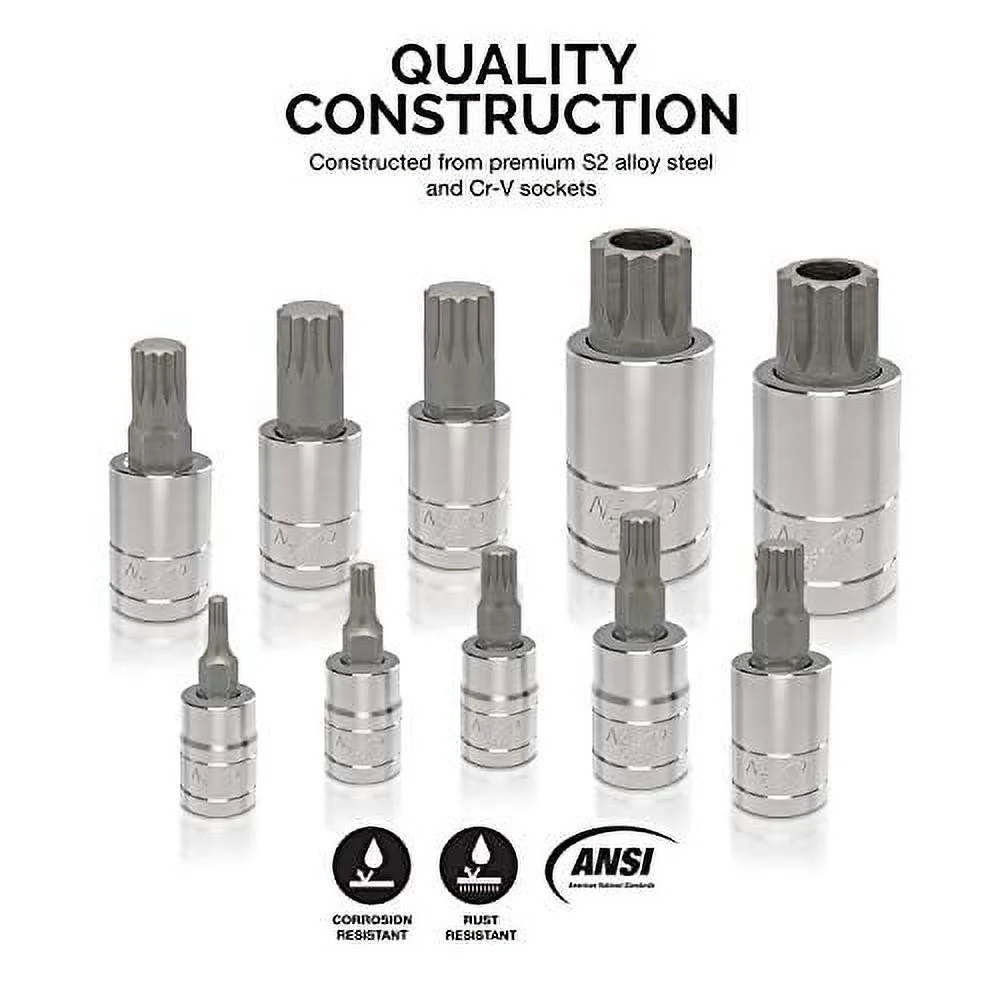 NEIKO 10056A 1/4-Inch, 3/8-Inch & 1/2-Inch Drive XZN Triple Square Spline Bit Socket Set , 10 Piece Set , Cr-V Sockets and S2 Steel Bits Standard 10 Piece