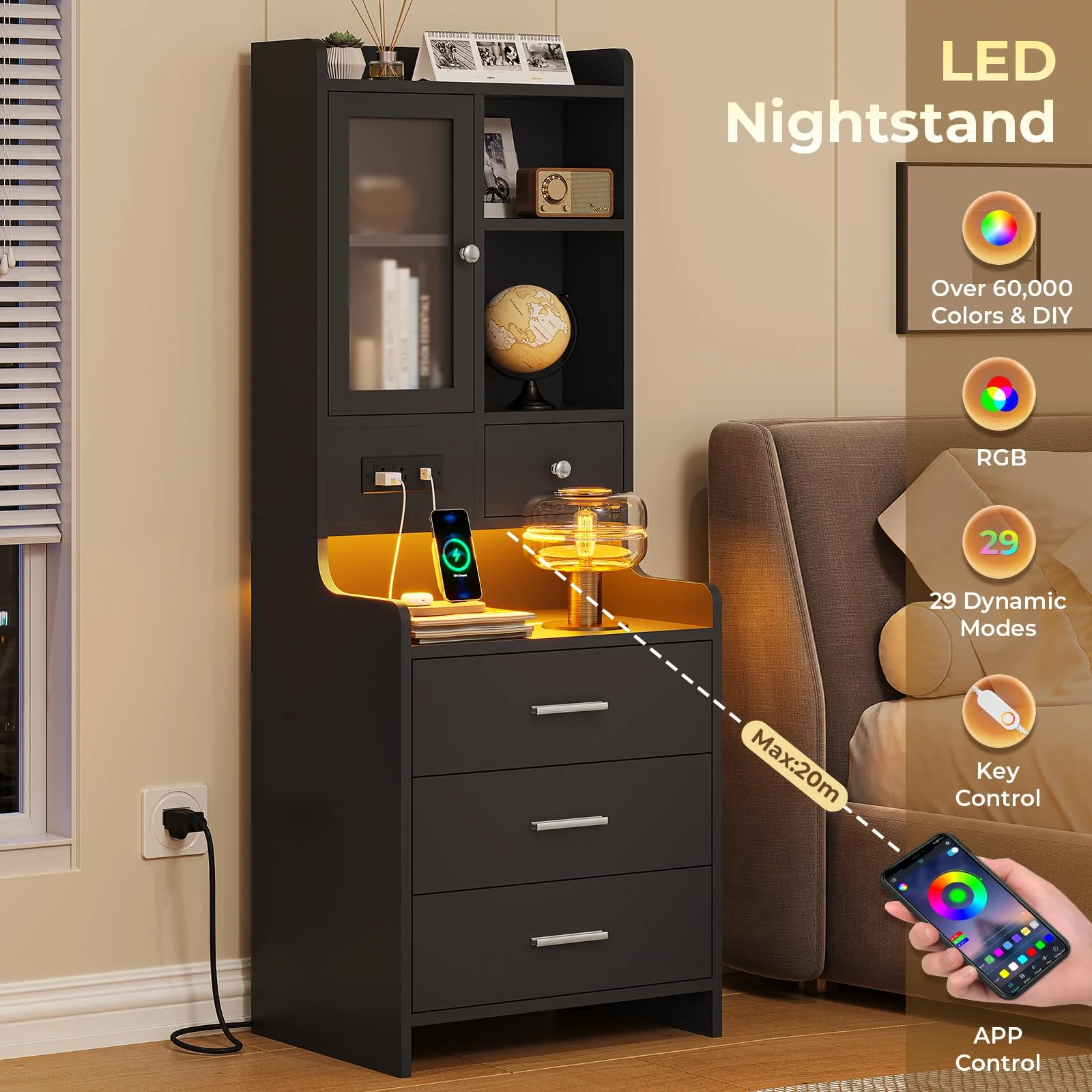 Tall Night Stand with Charging Station and LED Lights,49.2