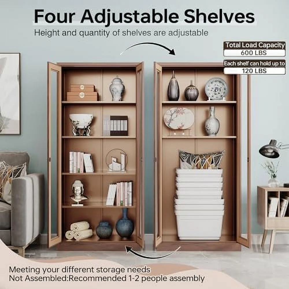 YFbiubiulife Glass Display Cabinet Curio Cabinet with Glass Door and Adjustable Shelves  71" Tall Freestanding Steel Kitchen Pantry Cabinet Bookcase Metal Locker  Cabinet for Home  Li