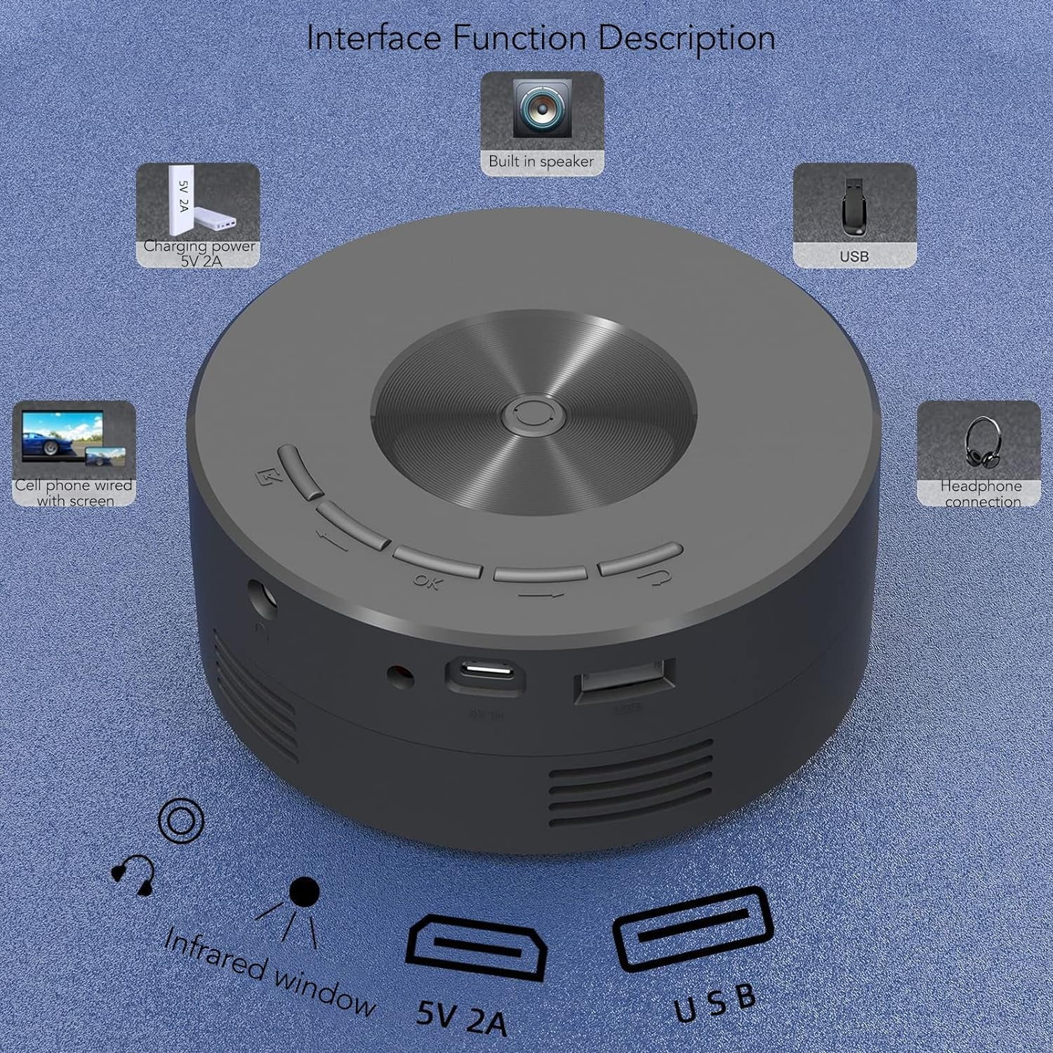 YT200 Mini LED Projector, Portable Small Home Projector for Children, Multifunction TFT LCD Screen, Same Screen Function, Built in Speaker, Support Mobile Power Supply