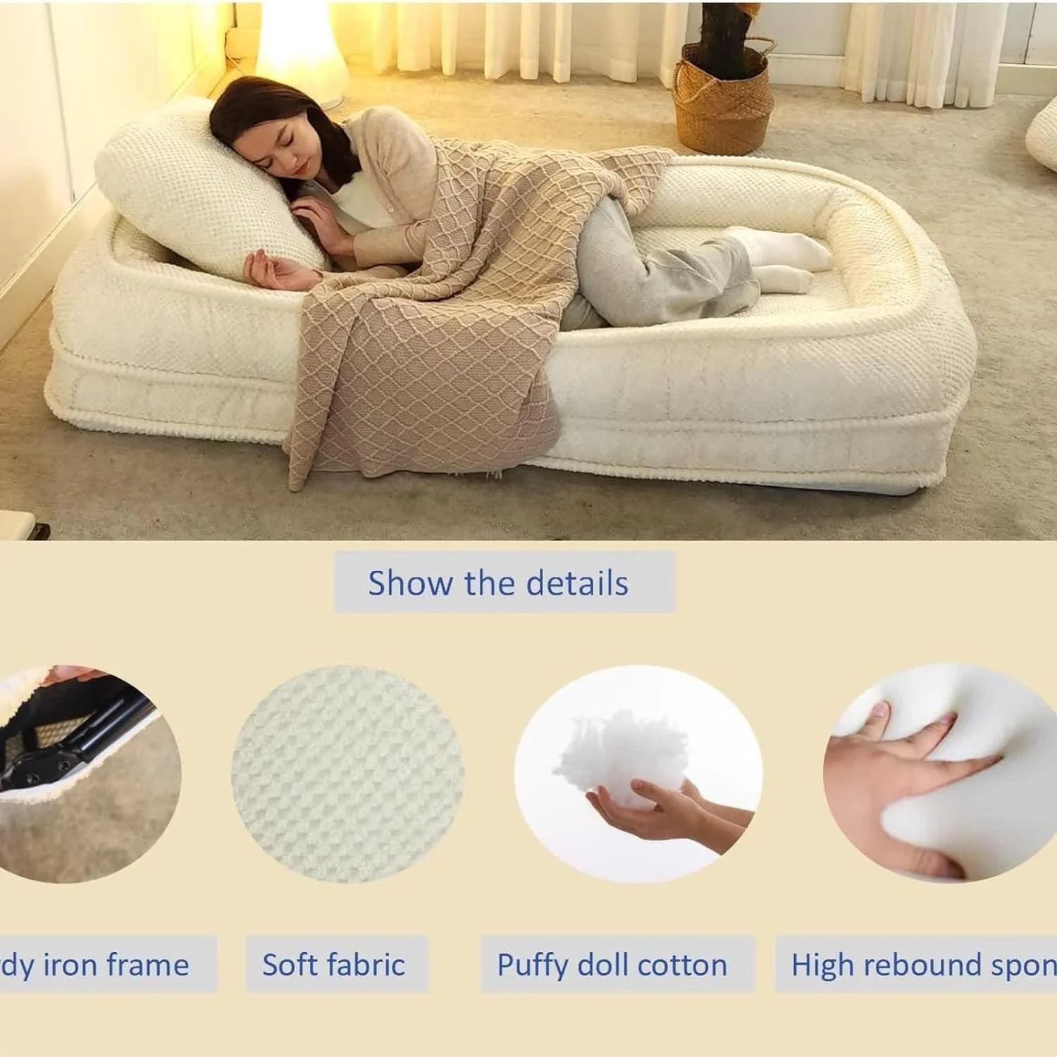 Floor Chair with Back Support, Folding Sofa Chair with 5 Adjustable Position, Plush Floor Gaming Chair, Meditation Chair for Lazy Boys, Human Dog Bed for Living Room, Bedroom, Lounge, Beige