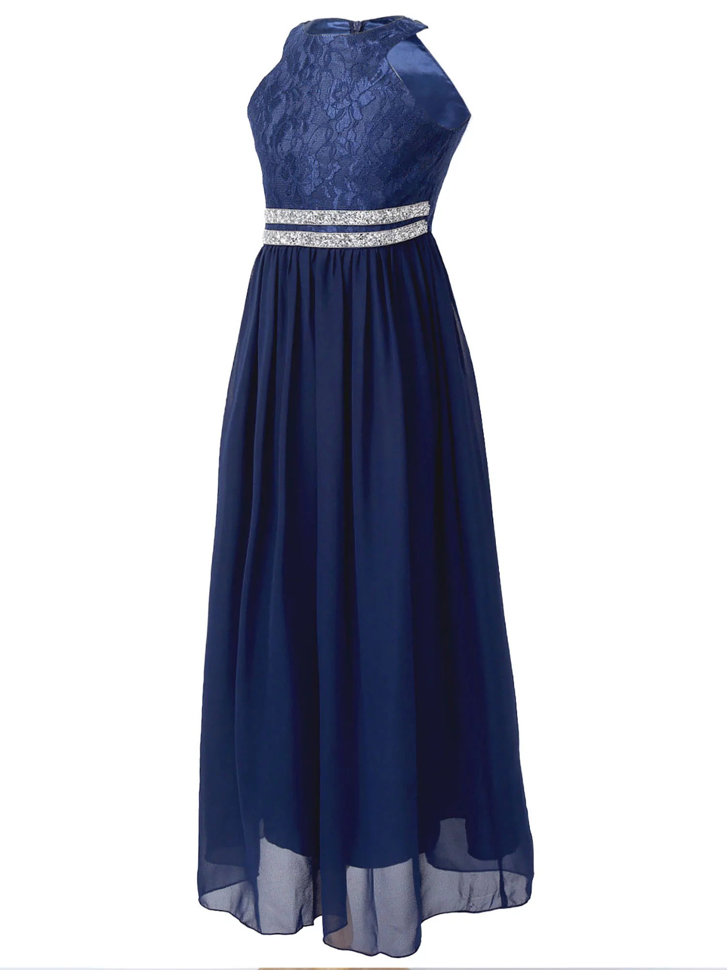 iiniim Kids Lace Floral Flower Girls Dress Sequins Halter Chiffon Dress Long Maxi Junior Bridesmaid Gown A Navy Blue 12