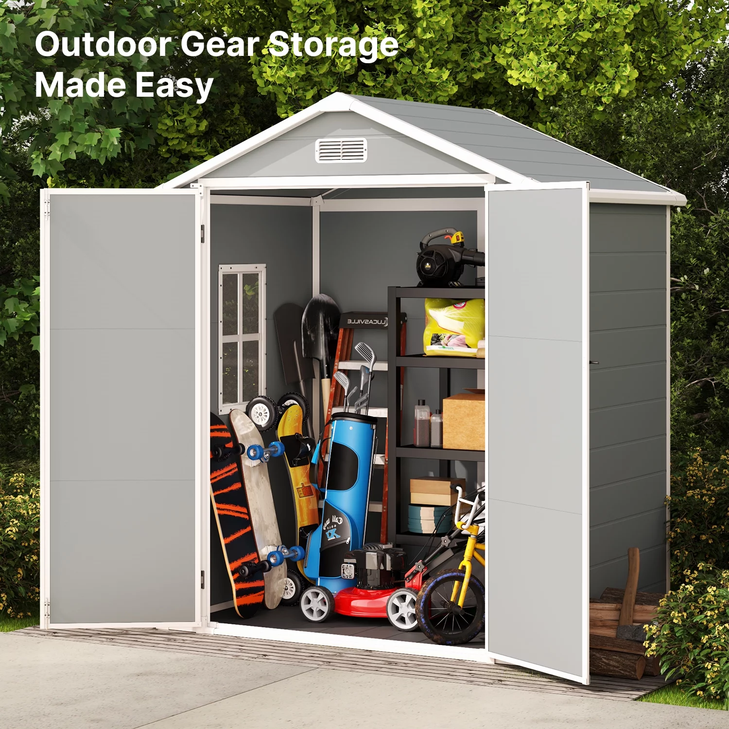 Outdoor Storage Shed, Lofka 6' x 4' Resin Outdoor Shed, Gray/White