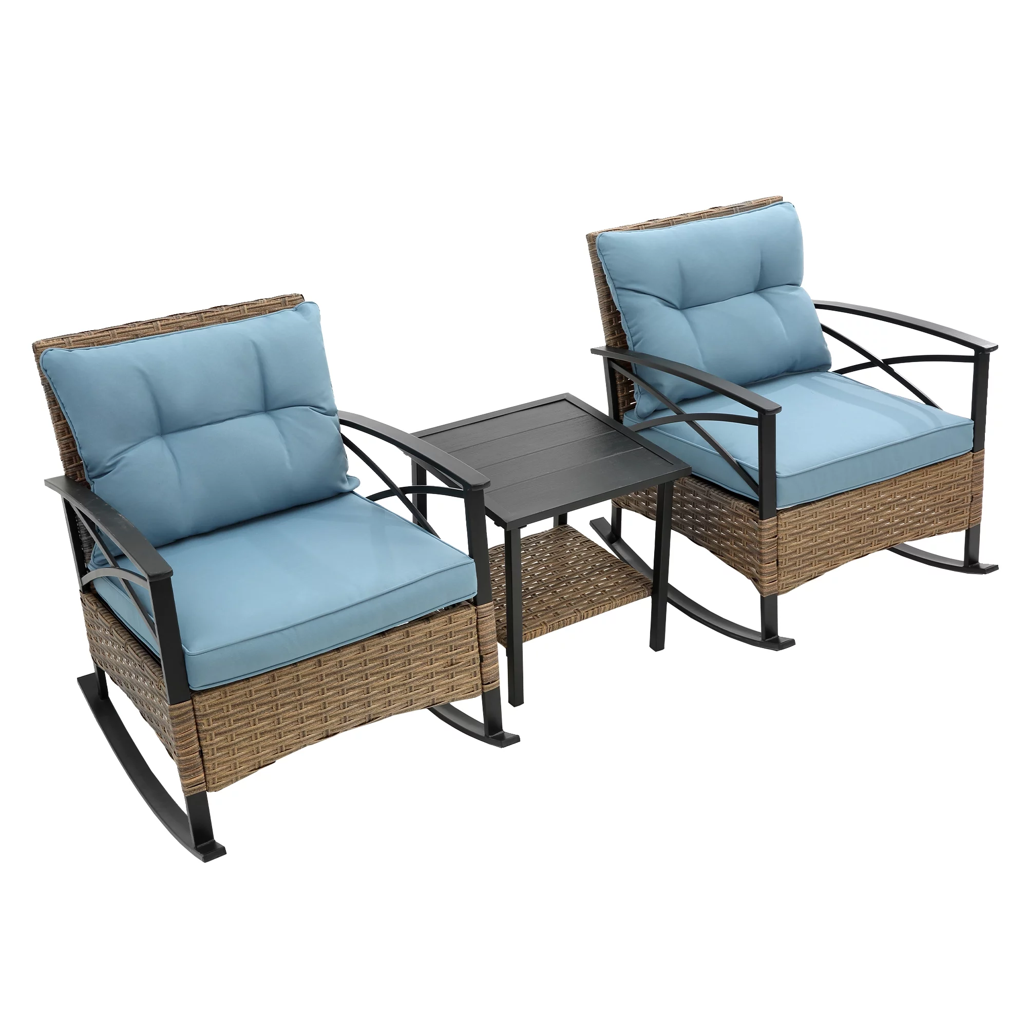Highsound Outdoor Rocking Chairs Set of 2 with Side Table, 3 Piece Wicker Patio Bistro Set with Premium Fabric Cushions Outdoor Furniture (Brown Wicker Chair & Blue Cushion)