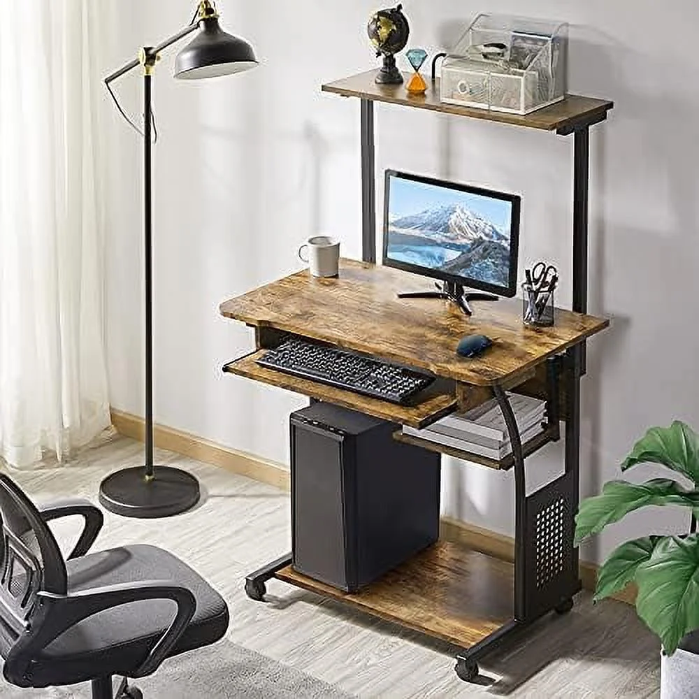 NLTBONNIE 3 Tiers Rolling Computer Desk with Keyboard Tray and Printer  for Home Office  Mobile Computer Desk for Small Space  Retro Computer Table Compact PC Laptop Workstation  Rustic B