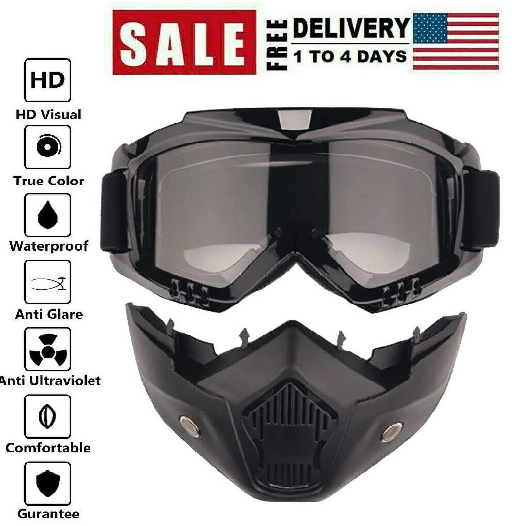 Motorcycle Detachable Face Mask Goggles Motocross Dirt Bike ATV Off-Road Eyewear