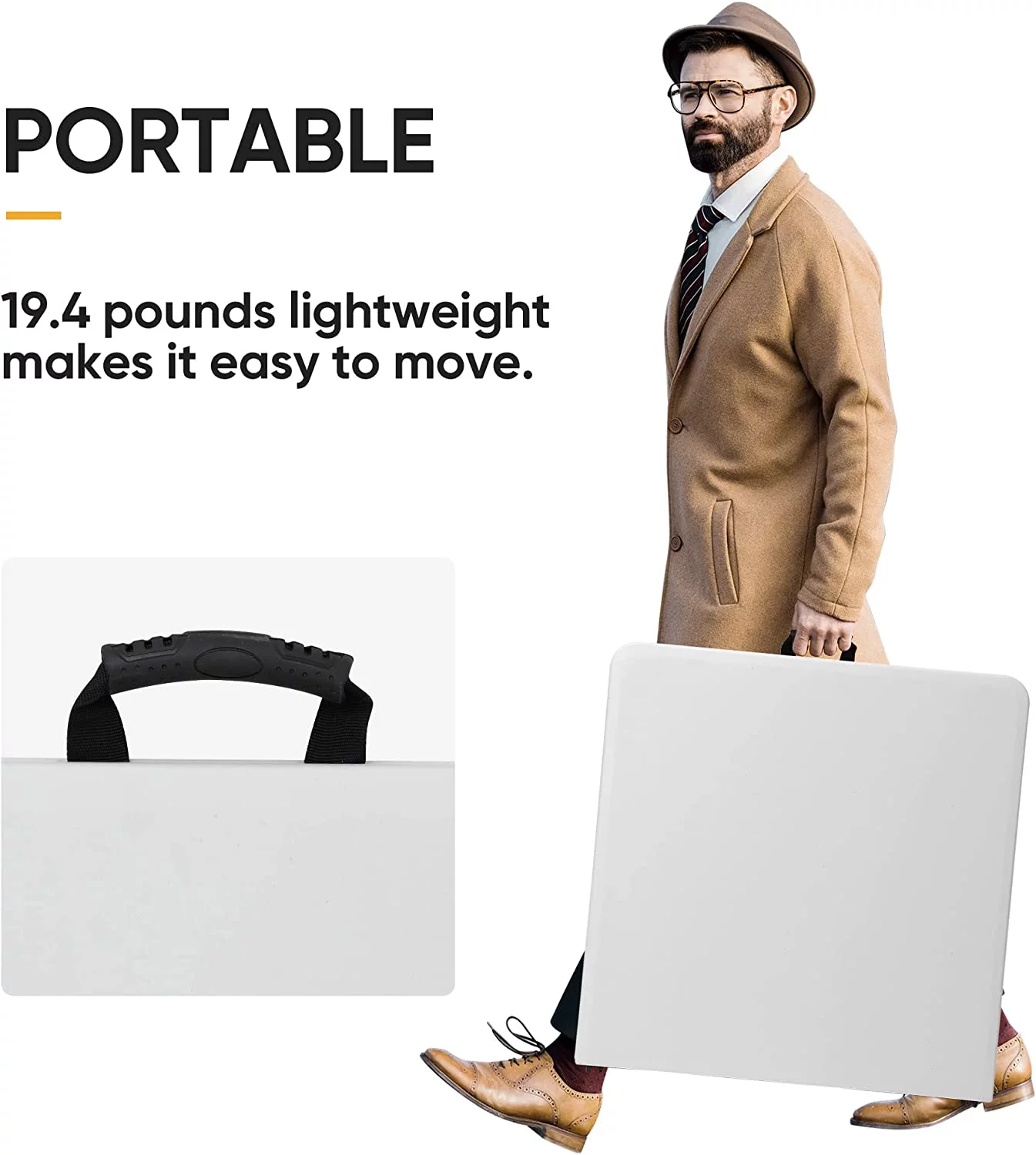 Portable 4 Foot Plastic Folding Table, Indoor Outdoor Heavy Duty Fold-in-Half Picnic Party Camping Barbecues Table with Carrying Handle, White