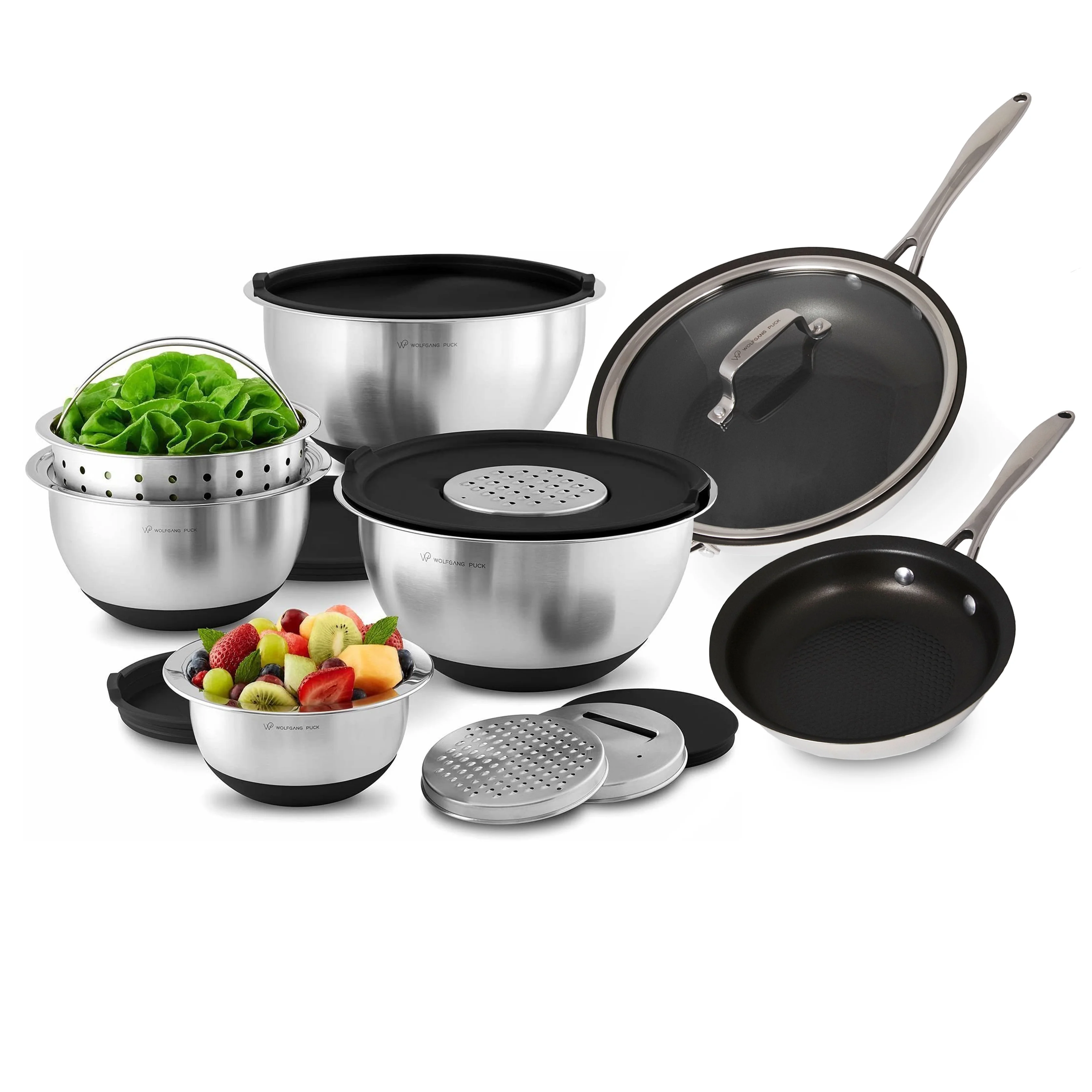 Wolfgang Puck 15-Piece Kitchen Essentials Set, Stainless Steel Skillets and Mixing Bowls