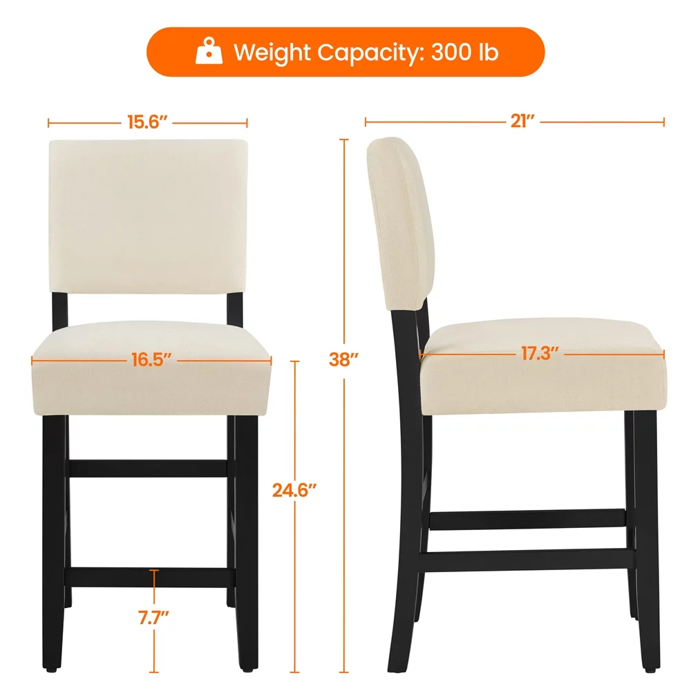 Topeakmart 2PCS 24.6″ H Upholstered Fabric Counter Bar Stool, Beige
