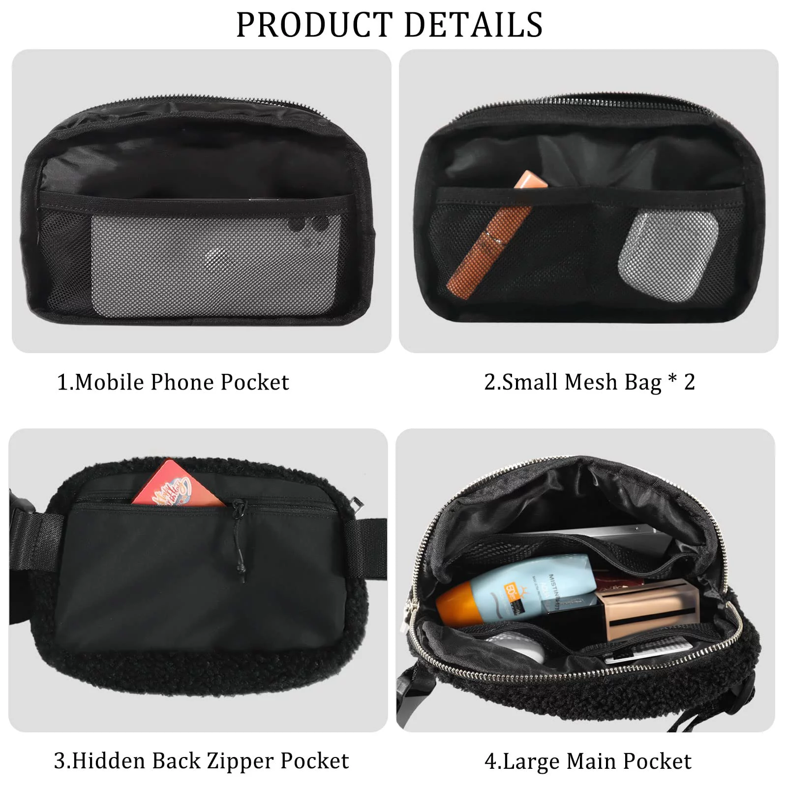 LEZMORE Sherpa Belt Bag Winter Fashion Waist Packs Fleece Belt Bag For Women Adjustable Strap Fanny Pack Everywhere Crossbody Bag Waist Bags