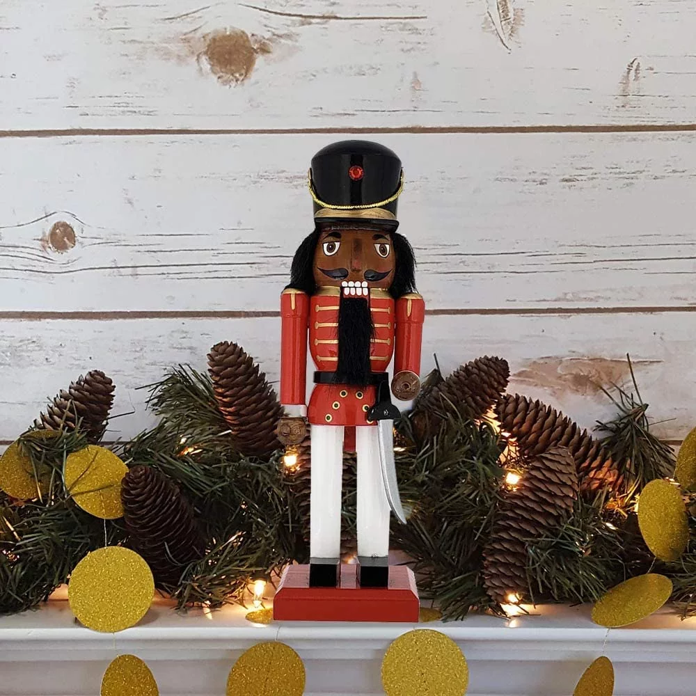 African American Soldier Nutcracker Red White Black Hat 10 inch