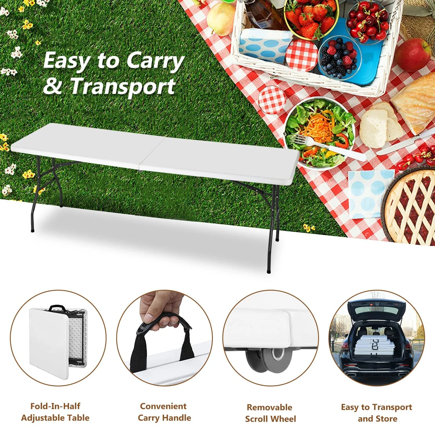 8ft Folding Table Portable Picnic Table, Lightweigh Folding Plastic Table with Handle and Steel Legs Utility Table Dining Lock for Work,Picnic,Party,Camping,White